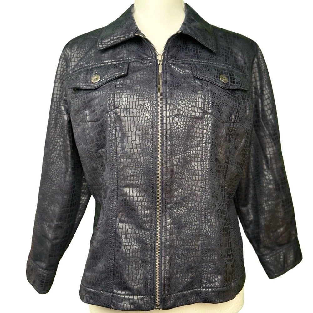 Metallic Navy Blue Crocodile Embossed Zip Jacket Womens 14 Ruby Rd